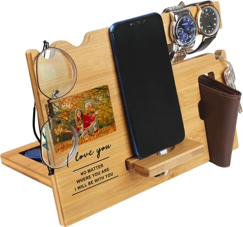 Miniatura 9 de Regalos para hombres – Estación de acoplamiento de madera personalizada – Organizador de mesita de noche grabado con soporte para teléfono, soporte