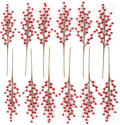 Miniatura 5 de Larksilk Púas de tallo de bayas de acebo rojo – 35 bayas, detalles navideños de 17 pulgadas para coronas y decoración, 3 piezas Faux berry