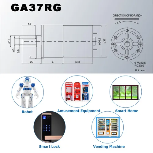 Miniatura 2 de DC 12V 550RPM Motor de engranajes de alto par eléctrico de micro velocidad de reducción, Motor de engranajes con eje de salida céntrico de 37mm