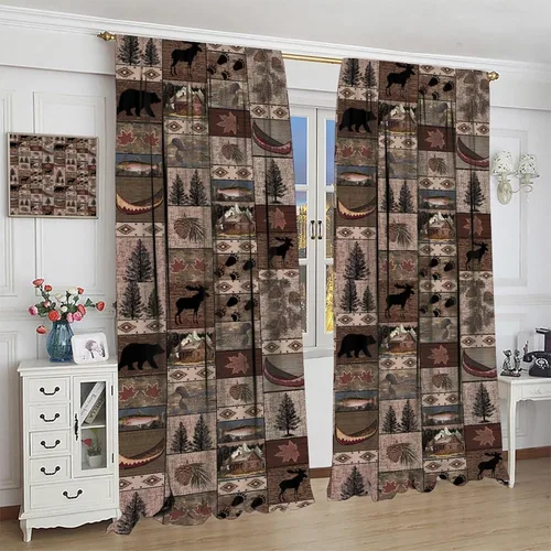 Miniatura 4 de Cortina de estilo rústico retro, alce, ciervo, hojas de árbol, estilo campestre, cortinas opacas para sala de estar, cocina, sala de estudio