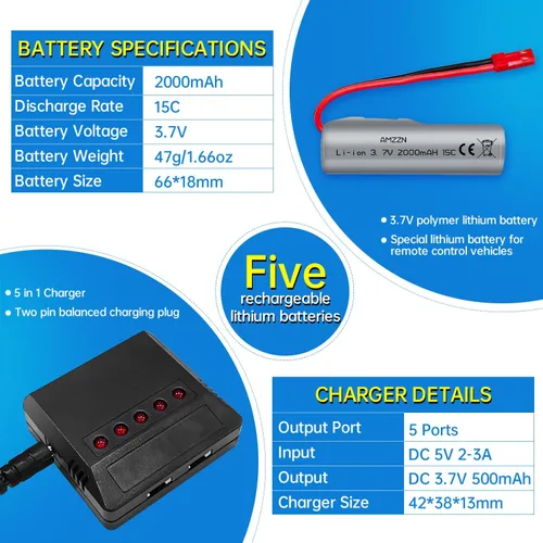Miniatura 3 de 5PCS 3.7V 2000mAh 15C JST-2P Plug Lipo batería con cargador 5 en 1 para HJ819 DE819 RC barco Huina 1337 1338 1516 1517 1552 1554 1558 RC vehículo