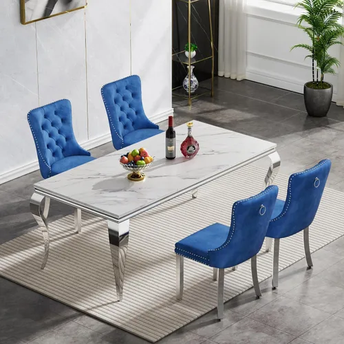 Miniatura 90 de Moderno juego de mesa de comedor de mármol sintético de 68.11 pulgadas para 6, mesa de comedor de mármol blanco y plateado con 6 sillas de Blanco