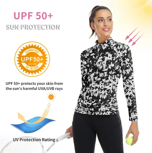 Miniatura 2 de WOWENY Camiseta deportiva de manga larga para mujer, con cremallera de un cuarto, cuello para entrenamiento, camiseta de tenis con estampado