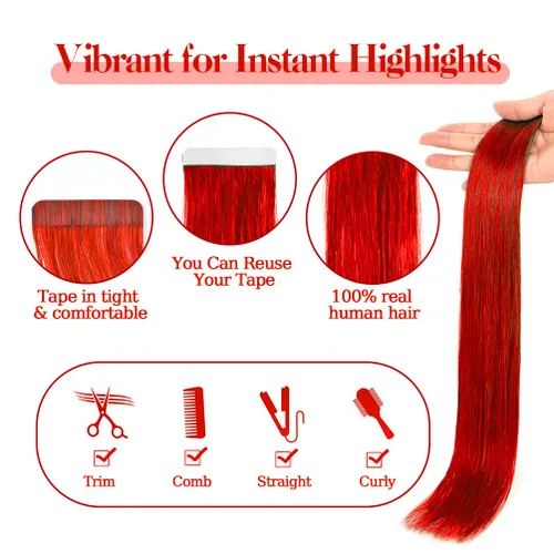 Miniatura 3 de Winsky Extensiones de cabello humano con cinta roja de 18 pulgadas, extensiones de cabello Remy con pegamento, 10 piezas de 0.88 onzas, cabello