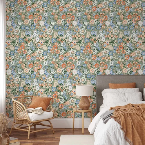 Miniatura 4 de Papel tapiz floral retro colorido, papel tapiz botánico autoadhesivo extraíble, papel tapiz floral para despegar y pegar