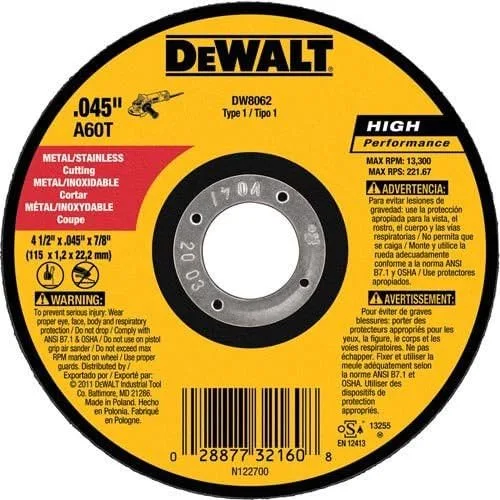 DEWALT Disco de corte de 4-1/2 pulgadas, disco de corte de amoladora angular, uso general, paquete de 4 (DW8062B5)