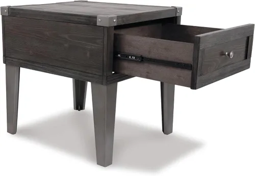 Miniatura 8 de Signature Design by Ashley Todoe - Mesa auxiliar cuadrada industrial con 1 cajón, 2 salidas y 2 puertos de carga USB, gris oscuro con acabado