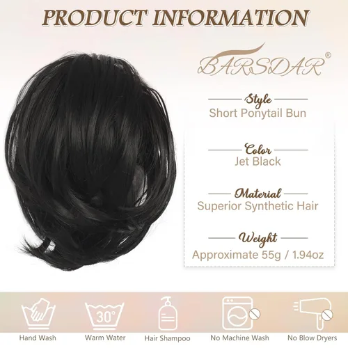 Miniatura 4 de BARSDAR Extensiones de Moño de Cola de Caballo de Cabello Negro - Postizos de Moño de Cabello Sintético Liso para Mujeres, Extensiones de Moño