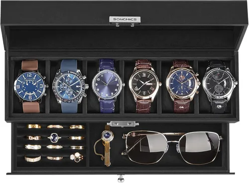 Miniatura 9 de SONGMICS UJWB012 - Caja de reloj de 12 ranuras, caja de reloj con cerradura con tapa de vidrio, 2 capas, con 1 cajón para anillos, pulseras, idea