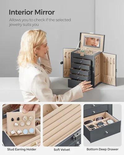 Miniatura 5 de SONGMICS Joyero de 6 niveles joyero con 5 cajones gran capacidad de almacenamiento con espejo bloqueable organizador de almacenamiento de joyas