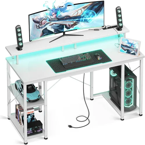 Miniatura 11 de ODK Escritorio gamer de 48 pulgadas con luces LED y enchufes, escritorio para computadora con soporte para monitor y estantes de almacenamiento