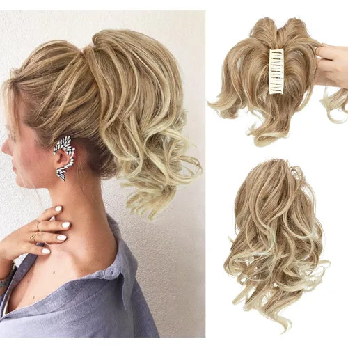 CJL HAIR - Extensiones de cabello tipo pinza de garra para coleta baja, trenzas onduladas/rizadas, sintéticas, piezas de cabello desordenado tipo
