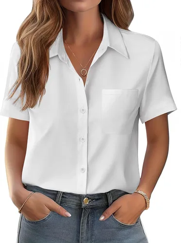 Zeagoo Blusa de manga corta con botones para mujer, con bolsillo en el busto, para negocios, casual, para el trabajo, trajes de verano