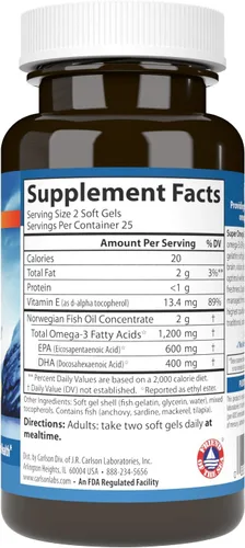 Miniatura 2 de Carlson - Gemas Super Omega-3, 1200 mg Omega-3, noruego, apoyo cardiovascular, función cerebral y salud de la visión, 50 geles blandos