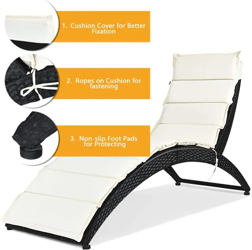 Miniatura 6 de Tangkula - Silla de salón plegable para patio, tumbona de mimbre para exteriores, silla de patio portátil con cojín, mueble de mimbre para todo