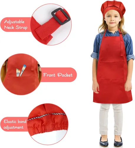 Miniatura 3 de SUNLAND Juego de delantal y gorro para niños, delantal de chef para niños para cocinar, hornear y pintar Rojo