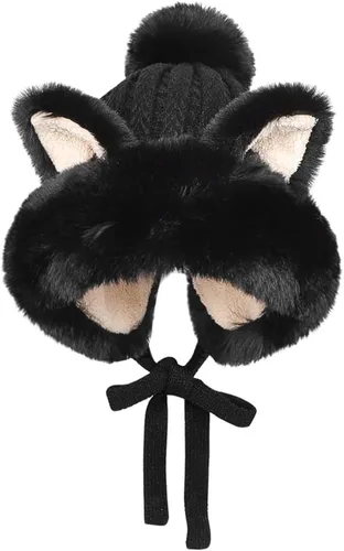 Gorro de invierno de piel sintética para mujer, con orejas de gato de zorro, con orejera, pompón, sombrero de trampero de felpa cálida rusa