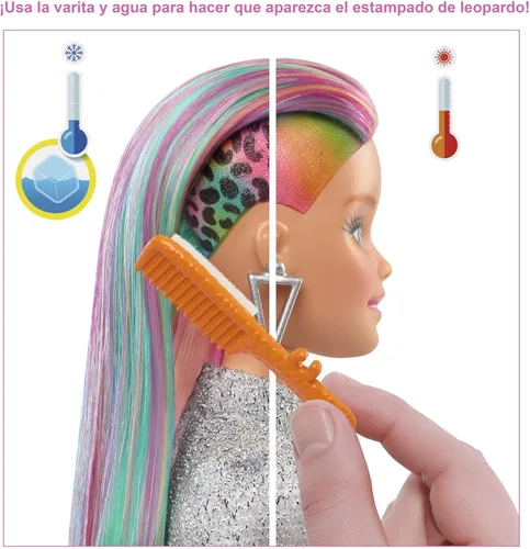 Miniatura 3 de Barbie Muñeca de pelo arcoíris de leopardo con reflejos que cambian de color y 16 accesorios de estilo, incluyendo ropa, coleteros, cepillo y más