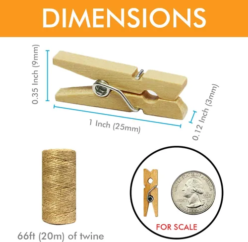 Miniatura 3 de Mini pinzas de madera con cordel de yute, 250 piezas, pinzas de papel fotográfico de 1 pulgada con cordel natural de 66 pies para álbumes
