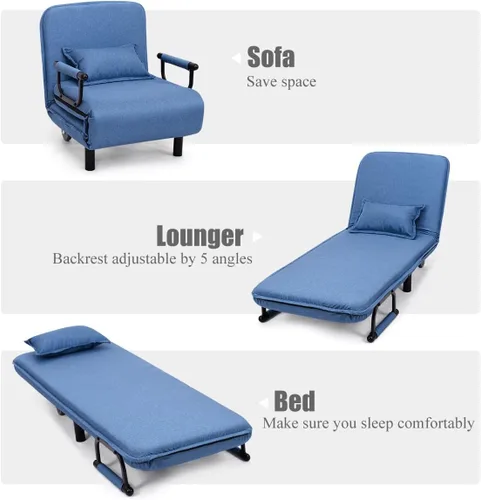 Miniatura 3 de Cama convertible con sofá cama triple 3 en 1 con almohada, diván plegable de ocio con respaldo ajustable de 5 ángulos, cama perezosa tapizada