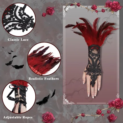 Miniatura 5 de Komorebi Guantes largos de encaje con plumas de Halloween para mujer, guantes de encaje para disfraz de bruja, guantes de codo de malla