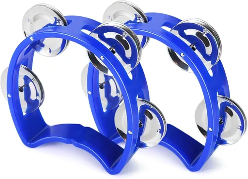 Flexzion Pandereta - Campana de mano, instrumentos musicales de percusión (azul, paquete de 2), instrumento musical de plástico, media luna, mini D,