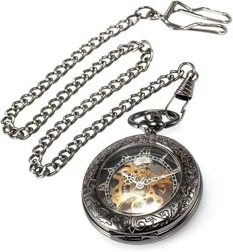 Miniatura 3 de Steampunk esqueleto mecánico de cobre Fob Retro reloj de bolsillo, Negro -, Mecánico