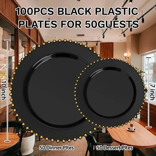 Miniatura 3 de supernal 100 piezas Platos de plástico negros y dorados, platos desechables negros, suministros de fiesta de Halloween que incluyen 50 platos