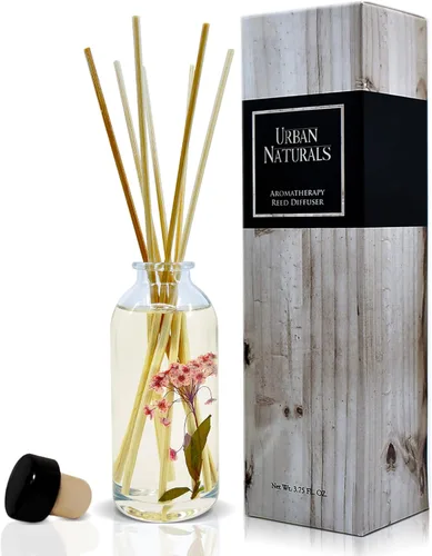 Urban Naturals Juego de difusor de varillas de guisante dulce y sándalo, fabricado con aceites esenciales y botánicos reales, flores blancas,