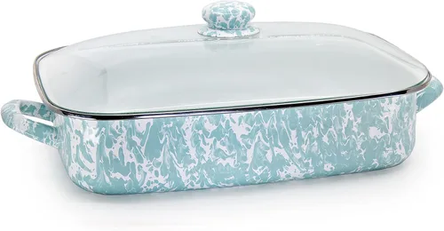 Miniatura 5 de Golden Rabbit Enamelware - Sartén para asar con tapa, 10.5 cuartos de galón, Black Swirl