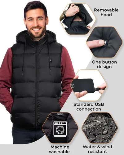 Miniatura 5 de Foxelli Chaleco calefactado para hombre, chaleco ligero recargable por USB, con batería incluida, Negro