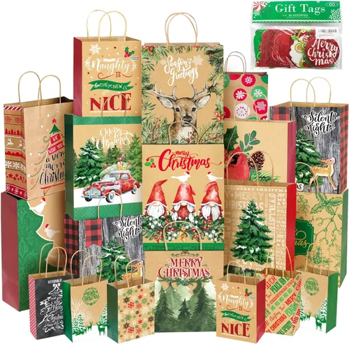 Party Funny 24 bolsas de papel kraft para regalo de Navidad al por mayor con asas y 60 etiquetas de regalo de Navidad, varios tamaños para envolver