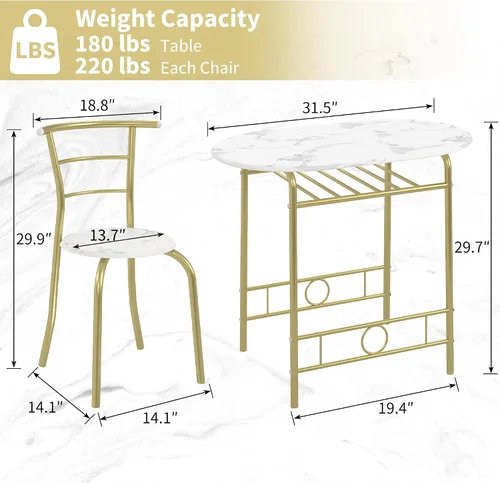 Miniatura 6 de VECELO juego de mesa de comedor de 3 piezas para cocina o desayunador, con superficie ovalada de grano de madera y estructura de metal con estante