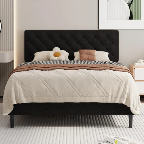 Miniatura 12 de BarnFurin Marcos de cama individual con cabecera capitoné con botones, cama de plataforma tapizada de lino con soporte de listones de madera, fácil