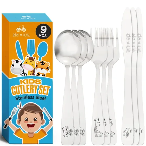 Miniatura 8 de Juego de cubiertos para niños, 12 piezas, incluye 4 tenedores, 4 cucharas y 4 cuchillos aptos para niños, cubiertos de metal para niños en edad