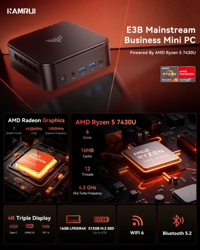 Miniatura 2 de KAMRUI E3B Mini PC con AMD Ryzen 5 7430U (Beat 5500U, hasta 4.3GHz), 16GB LPDDR4X 512GB M.2 SSD, Mini computadora para juegos con USB tipo C