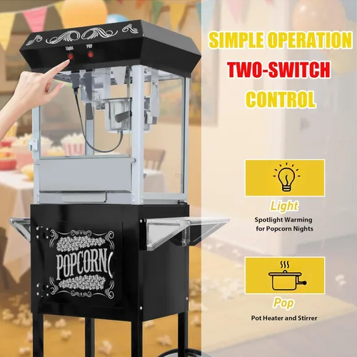 Miniatura 5 de Carro de máquina de palomitas de maíz de 8 onzas, 650 W, máquina para hacer palomitas de maíz con hervidor de acero inoxidable, máquina de palomitas