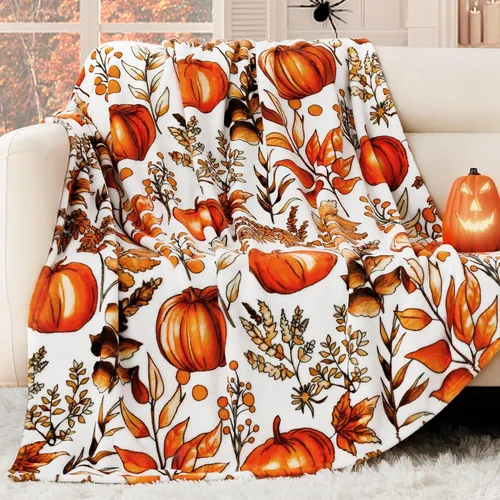 Miniatura 3 de ROMROL Manta de Halloween, manta de otoño, mullida, acogedora, suave, hojas de calabaza, manta de franela de felpa de forro polar, decoración