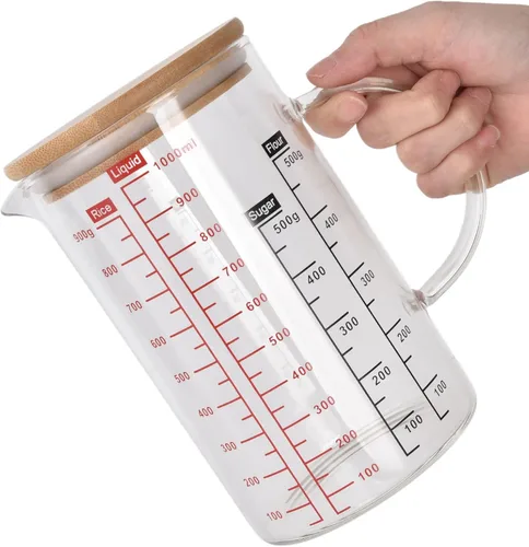 Vaso medidor de vidrio, con boquilla en forma de V, con mango aislante, tazas medidoras de líquidos con tapa, para el hogar, uso en restaurantes