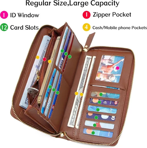 Miniatura 89 de Badiya Billetera para mujer con bloqueo RFlD de cuero con cremallera alrededor de carteras de gran capacidad