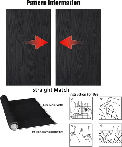 Miniatura 3 de Yancorp - Papel tapiz de vinilo con textura de madera de fibra negra, acabado en mate, rollo de vinilo autoadhesivo para forrar encimeras, cajones