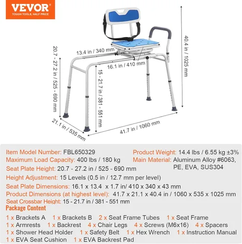 Miniatura 8 de VEVOR Banco de transferencia deslizante para bañera con asiento giratorio de 360 grados, banco de transferencia de bañera ajustable en altura