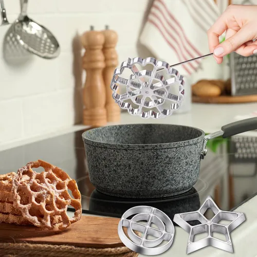 Miniatura 7 de Molde para Bunuelos con mango, juego de hierro timbal de roseta, moldes de aluminio para gofres con mango, anillo de pastel de embudo, Molde