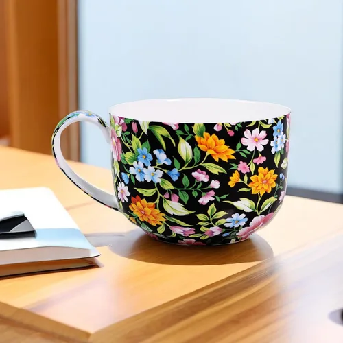 Miniatura 3 de Tazones de sopa de 25 onzas con asas, taza de sopa de porcelana y hueso con asas, taza de sopa de flora grande para café, cereales, avena con leche
