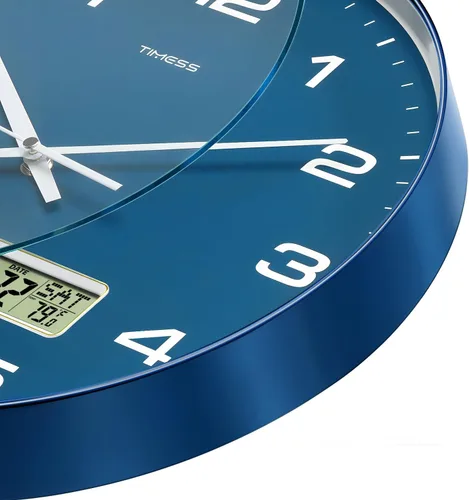 Miniatura 2 de TIMESS Reloj de pared, esfera de 10 pulgadas, silencioso, funciona con pilas, analógico con pantalla LCD para calendario perpetuo y temperatura F°
