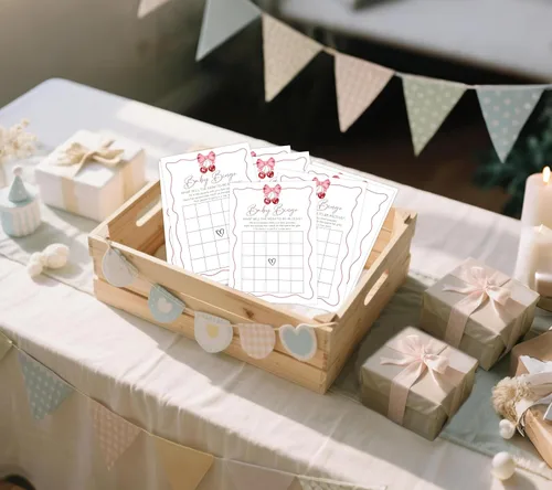 Miniatura 5 de Cherry Baby Shower - Juego de bingo para 30 invitados con tarjetas de juego, revelación de género, suministros y decoraciones para baby shower (DV35)