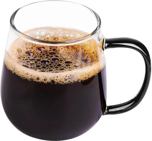 Taza de Café de Vidrio de Borosilicato Transparente con Asa Negra, 450ml/16oz, Ideal para Café, Té, Cerveza y Bebidas – Taza de Vidrio Duradera,