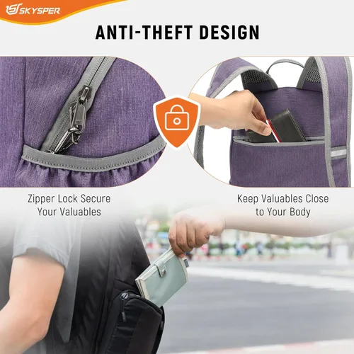 Miniatura 3 de SKYSPER Mochila de senderismo antirrobo, mochila de viaje plegable RFID de 18L, mochila plegable ligera para caminar de un día Púrpura