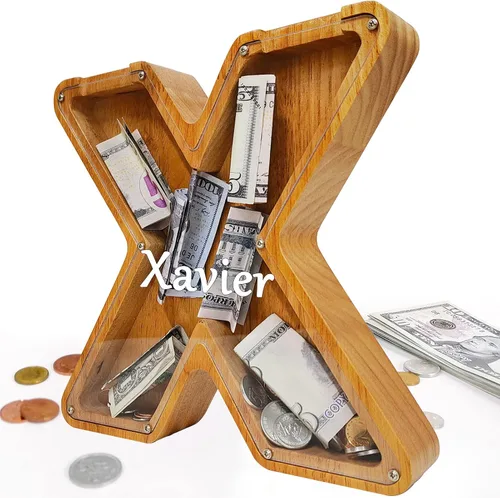Miniatura 52 de Alcancía para niños y niñas, alcancía grande de madera personalizada con diseño recortado, bancos de monedas con letras del alfabeto, caja de ahorro