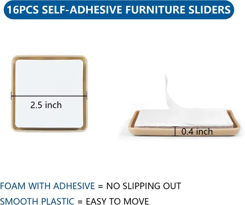 Miniatura 2 de Deslizadores de muebles autoadhesivos de 2.5 pulgadas, 16 deslizadores cuadrados para muebles, deslizadores de sillas autoadhesivos, deslizadores